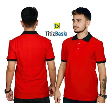 Kırmızı Polo Yaka Tişört - Siyah Yakalı