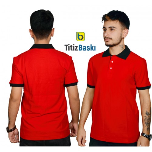 Kırmızı Polo Yaka Tişört - Siyah Yakalı Kırmızı Polo Yaka Tişört - Siyah Yakalı