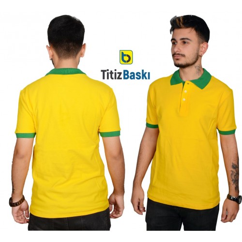 Polo Yaka Tişört Sarı - Yeşil Yakalı