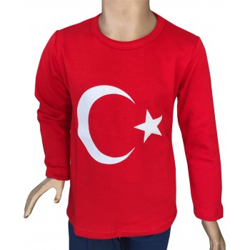 Türk Bayraklı Uzun Kollu Sweat Kırmızı ve Beyaz