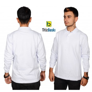 Polo Yaka Uzun Kollu Beyaz Sweat