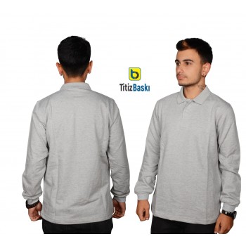 Polo Yaka Uzun Kollu Gri Sweat