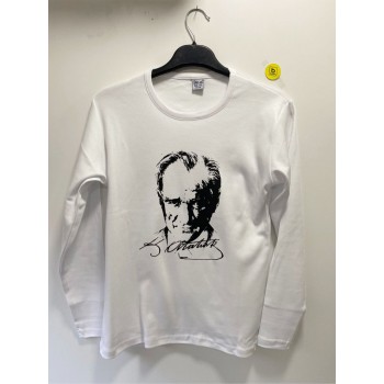 Uzun Kollu Atatürk Baskılı Beyaz Sweat