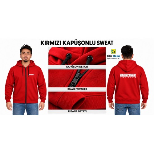 Fermuarlı Kapüşonlu Kırmızı Sweat