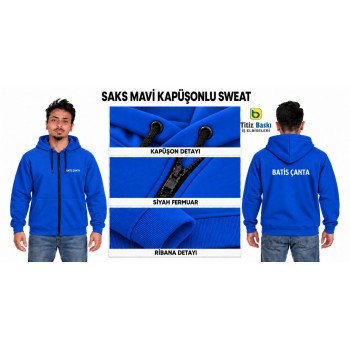 Fermuarlı Kapüşonlu Saks Mavi Sweat
