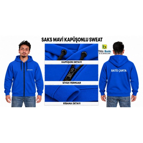 Fermuarlı Kapüşonlu Saks Mavi Sweat Fermuarlı Kapüşonlu Saks Mavi Sweat