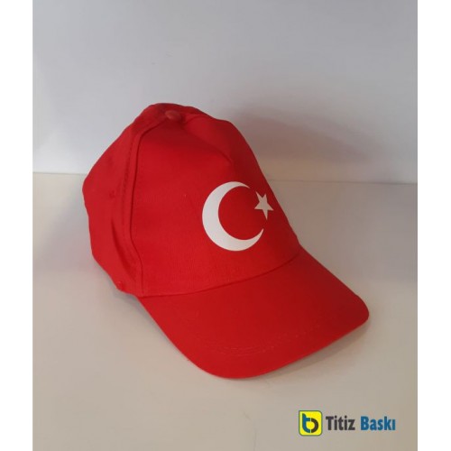 Türk Bayrağı Baskılı Kırmızı Şapka